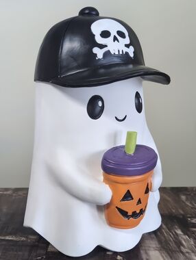 Spooky Cute Halloween Ghost Figurine with Pumpkin Cup & Baseball Cap w/ Skull 💀